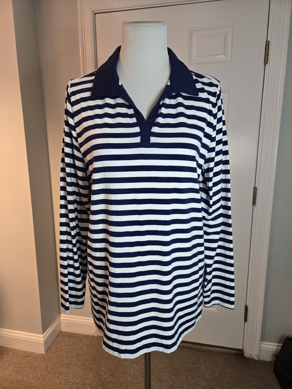Belle By Kim Gravel Knit Mariner Polo Collared Stripe Top